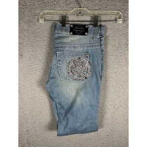 NWT Harley Davidson Women 2 Rhinestone Skull Bootcut Jeans Light Wash Low Rise